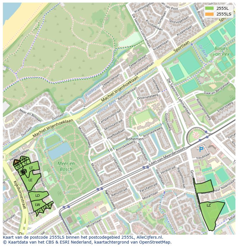 Afbeelding van het postcodegebied 2555 LS op de kaart.