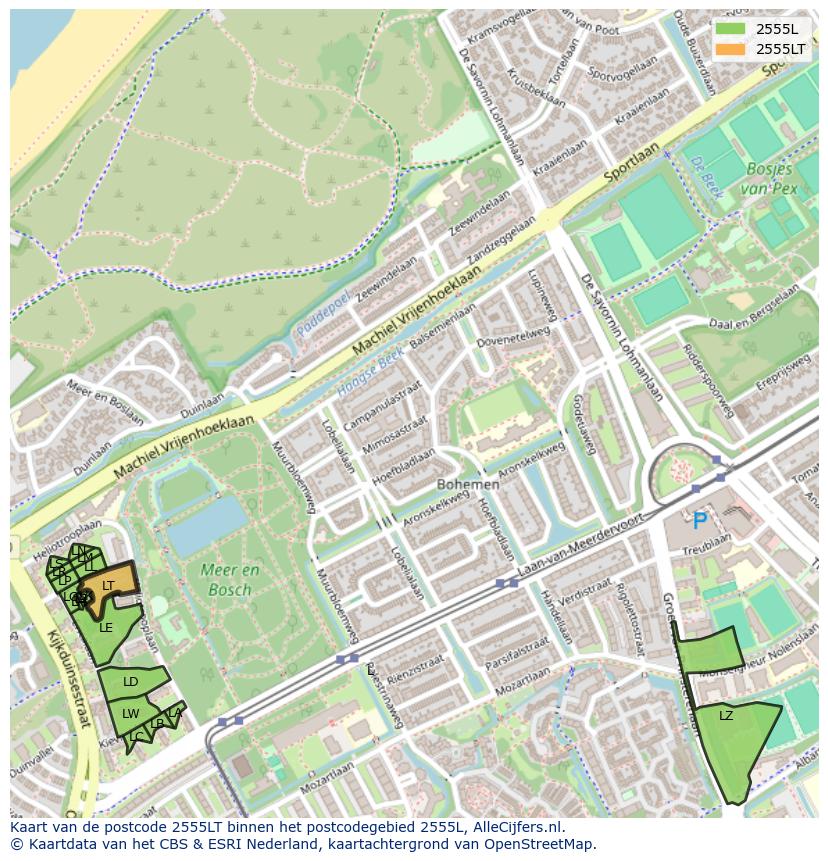 Afbeelding van het postcodegebied 2555 LT op de kaart.