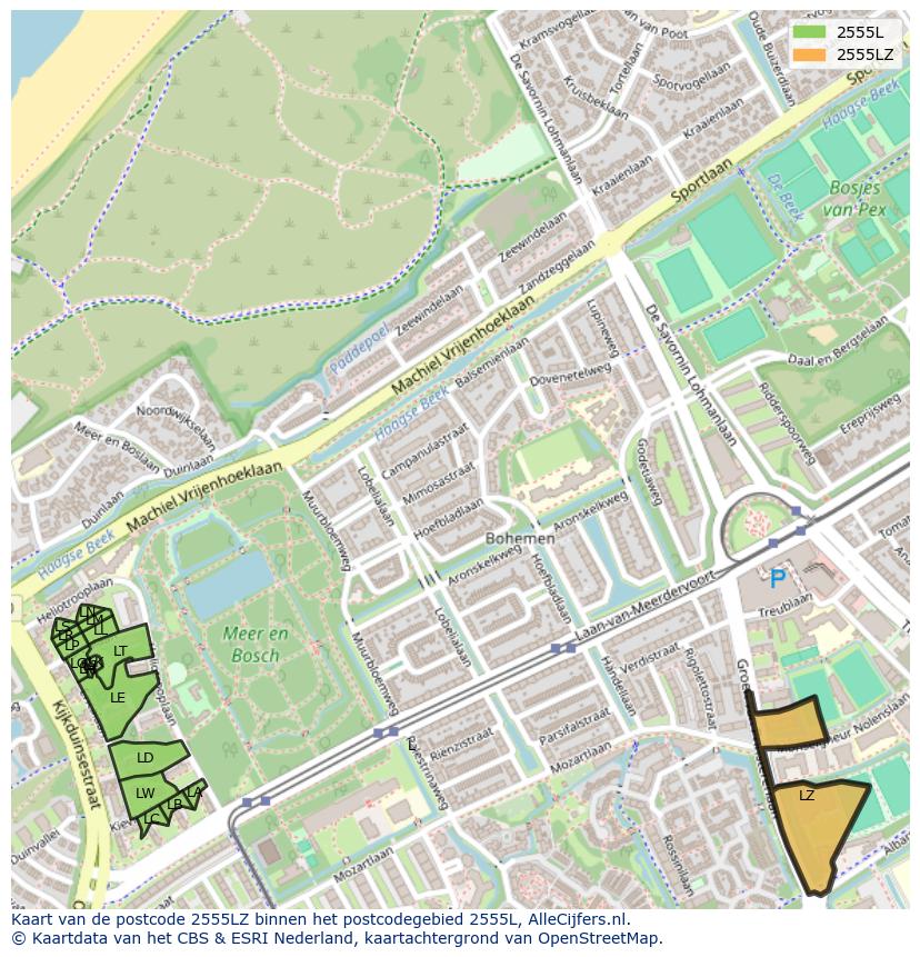Afbeelding van het postcodegebied 2555 LZ op de kaart.