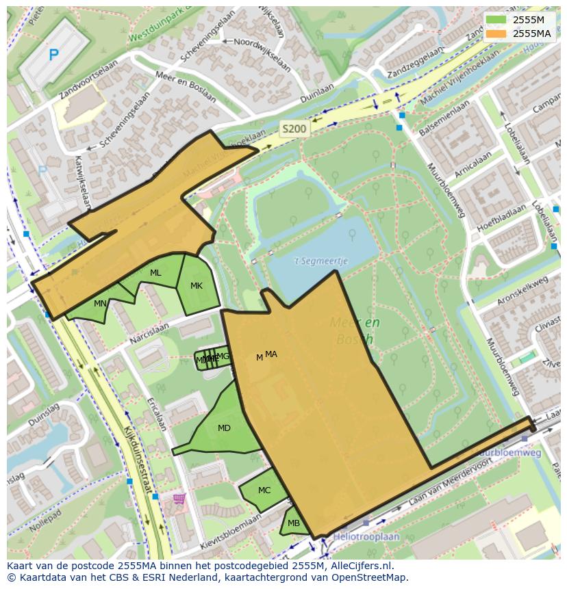 Afbeelding van het postcodegebied 2555 MA op de kaart.