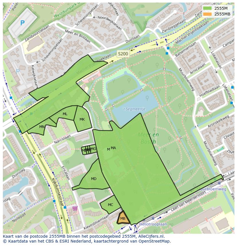 Afbeelding van het postcodegebied 2555 MB op de kaart.