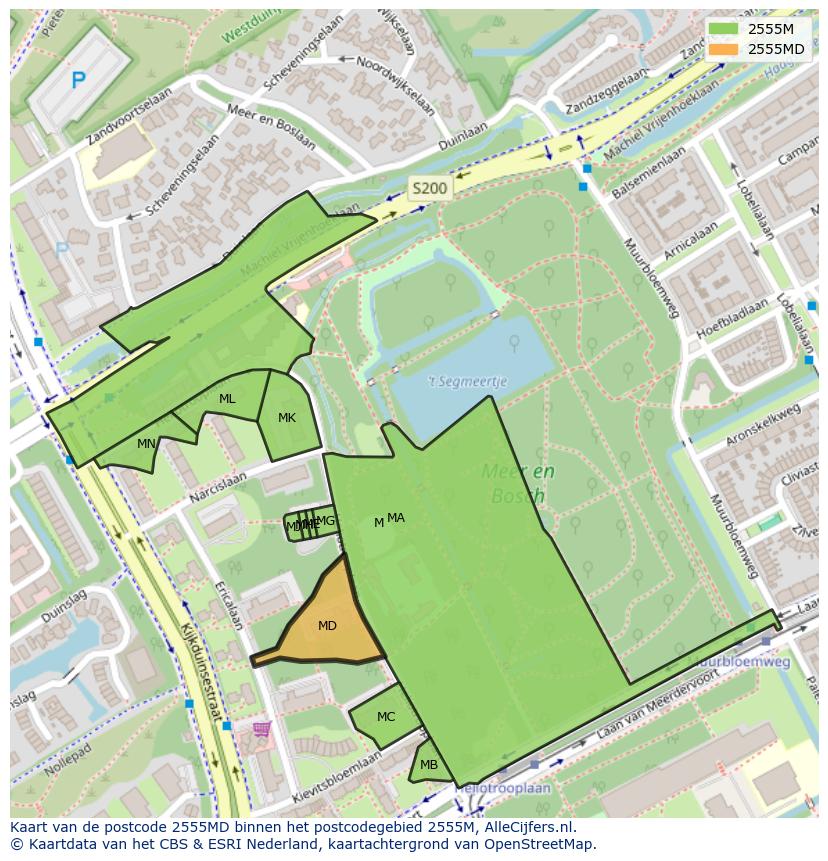 Afbeelding van het postcodegebied 2555 MD op de kaart.