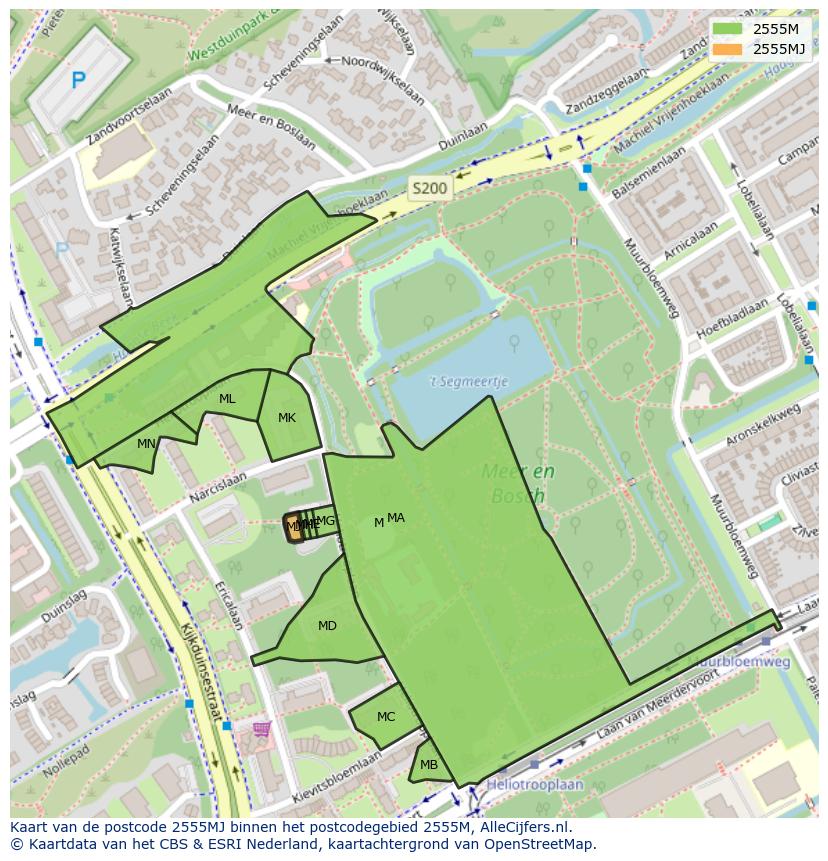 Afbeelding van het postcodegebied 2555 MJ op de kaart.