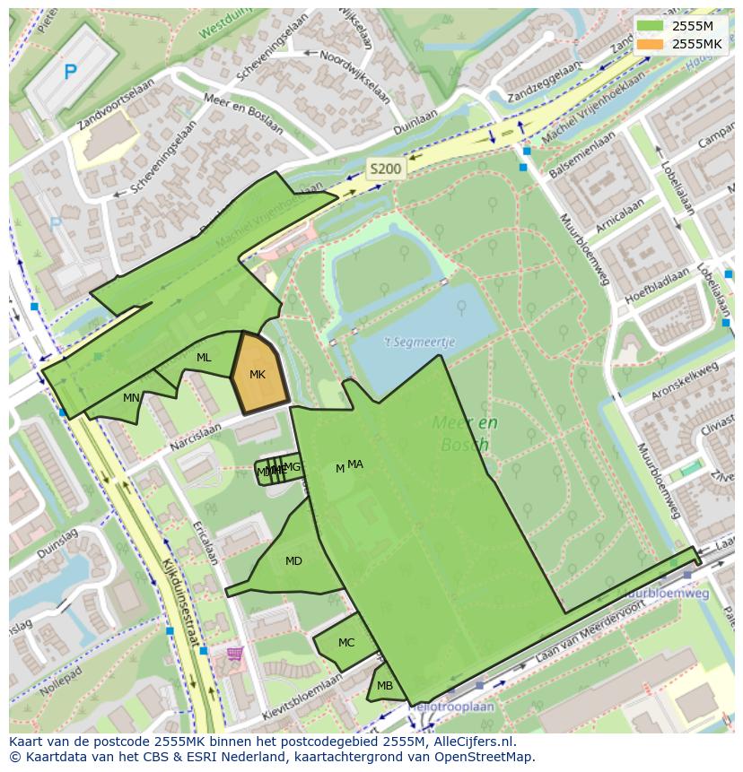 Afbeelding van het postcodegebied 2555 MK op de kaart.