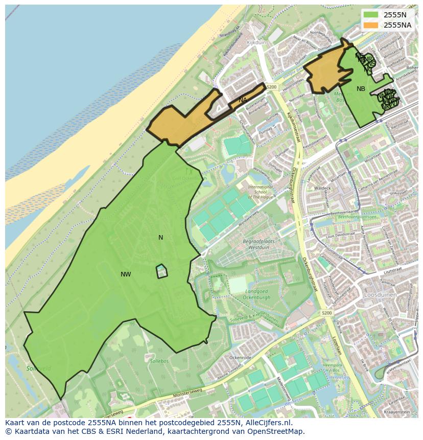 Afbeelding van het postcodegebied 2555 NA op de kaart.