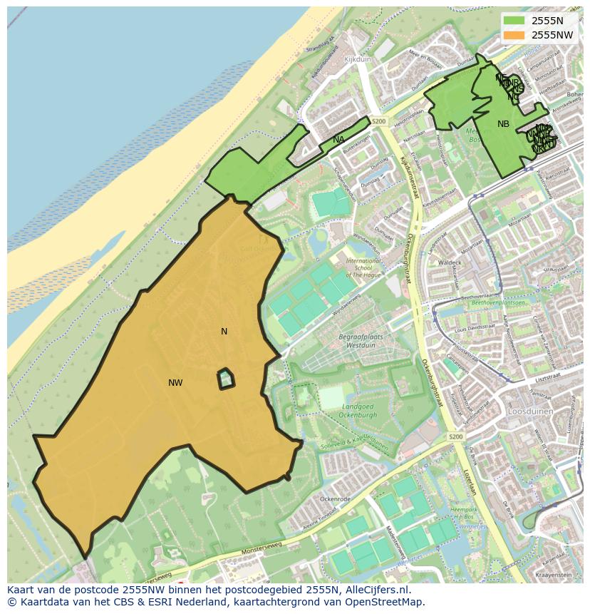 Afbeelding van het postcodegebied 2555 NW op de kaart.