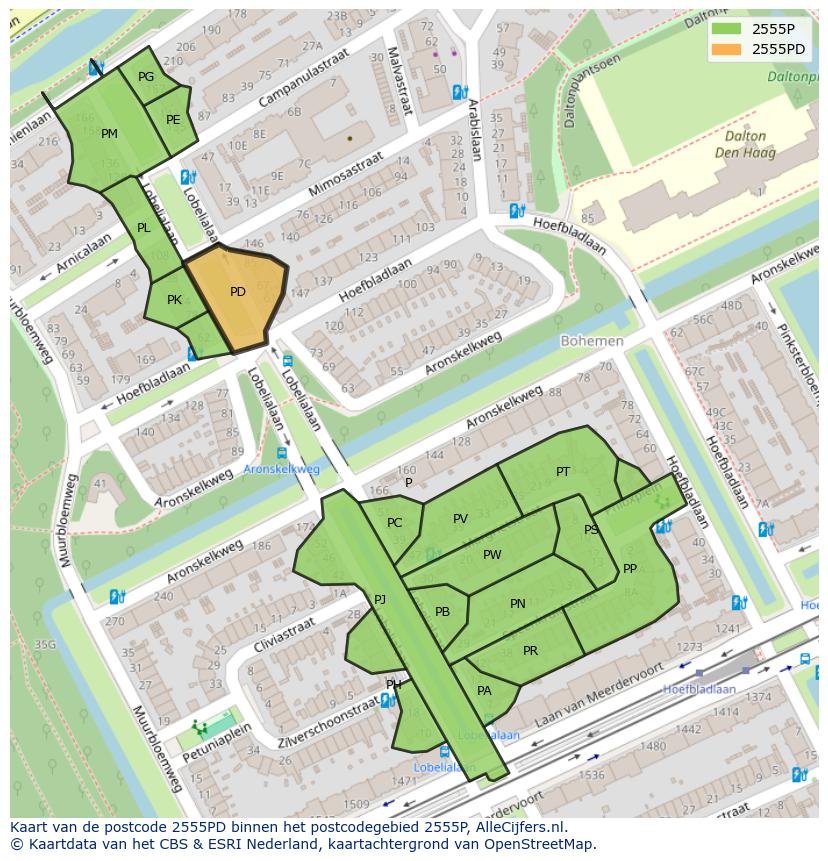 Afbeelding van het postcodegebied 2555 PD op de kaart.