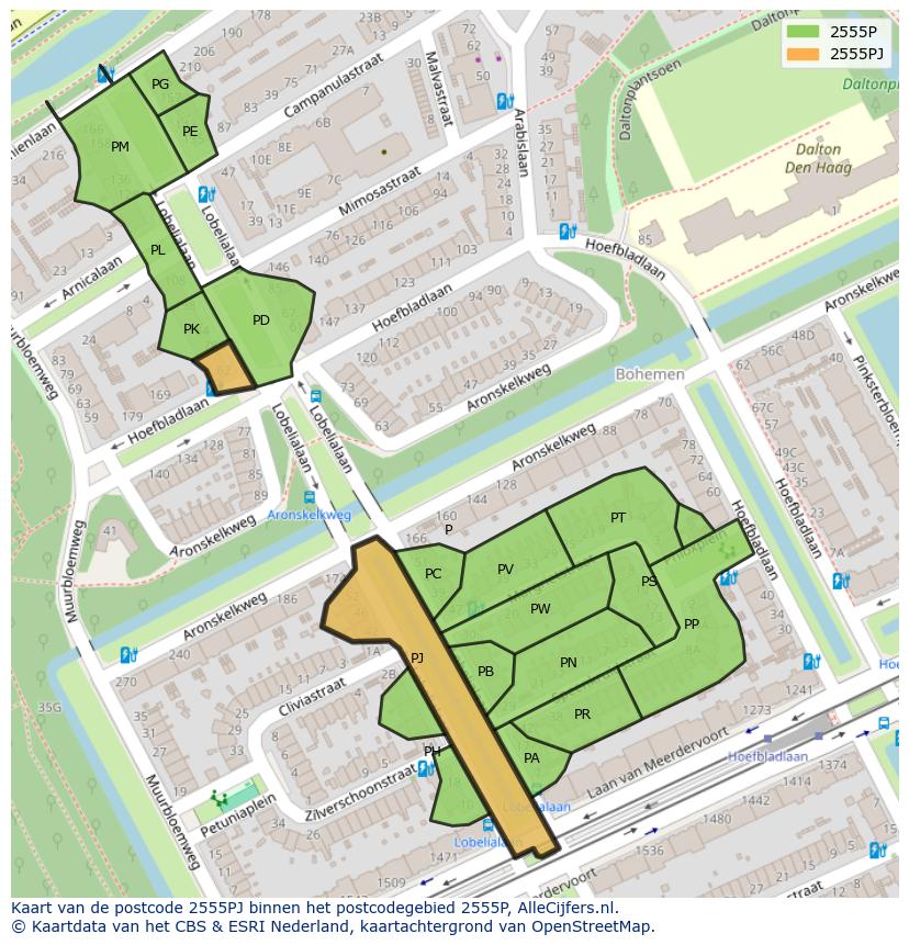 Afbeelding van het postcodegebied 2555 PJ op de kaart.