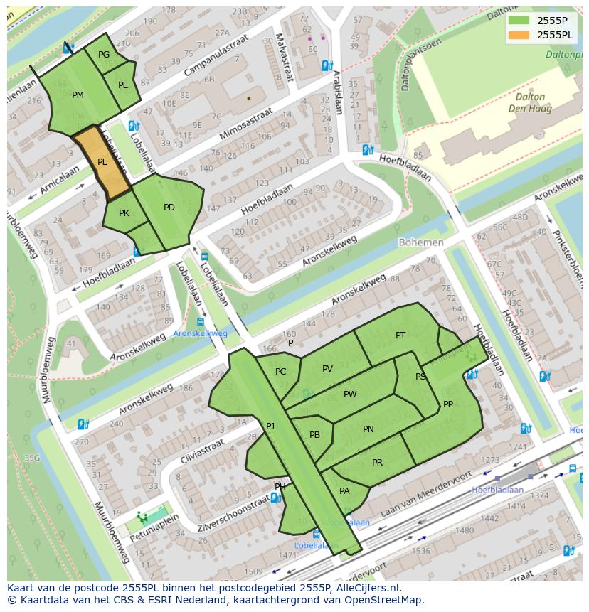 Afbeelding van het postcodegebied 2555 PL op de kaart.