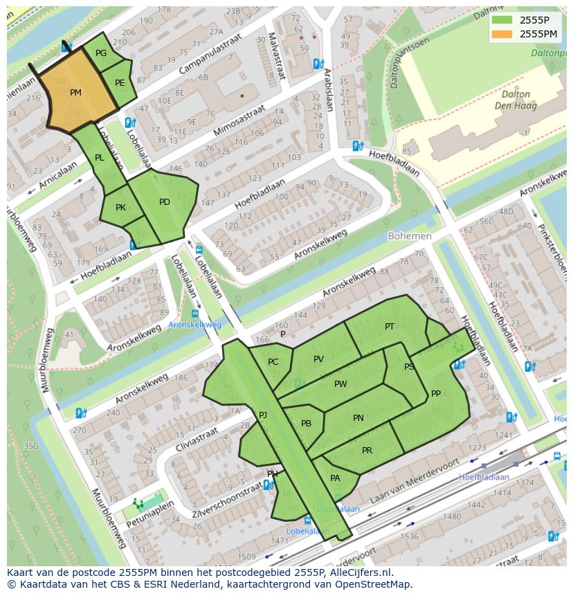 Afbeelding van het postcodegebied 2555 PM op de kaart.