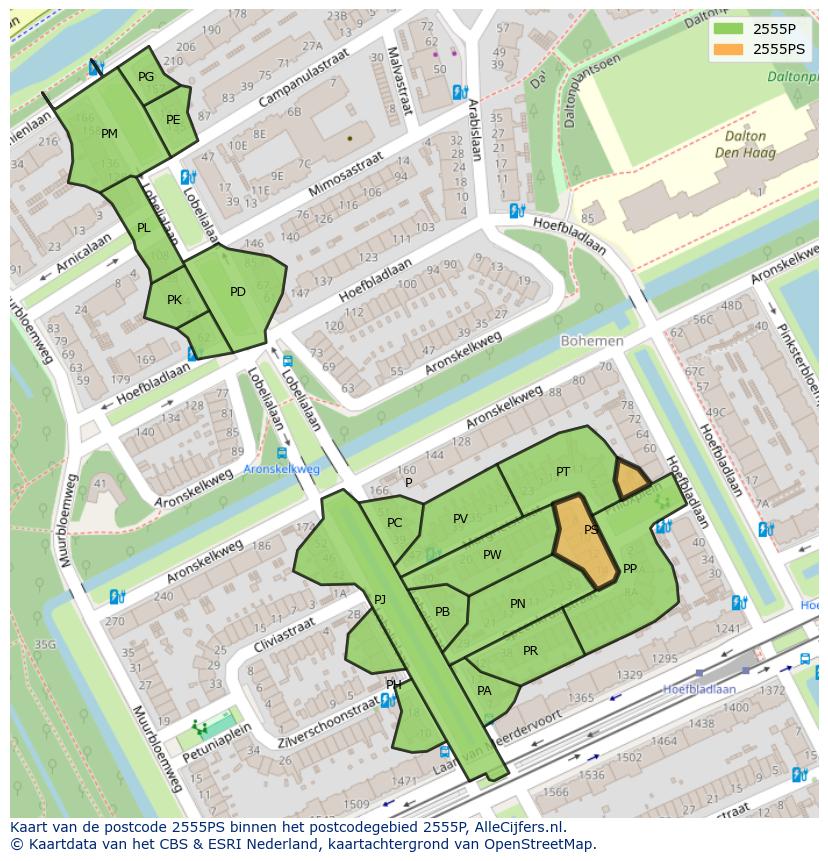 Afbeelding van het postcodegebied 2555 PS op de kaart.