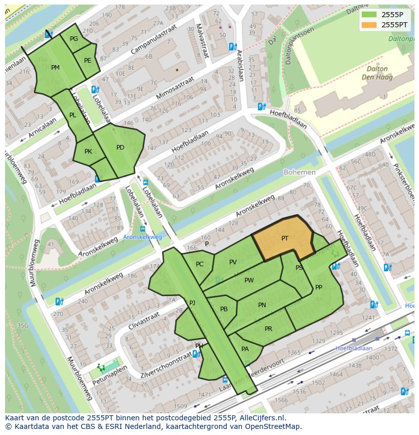 Afbeelding van het postcodegebied 2555 PT op de kaart.