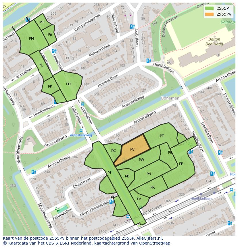 Afbeelding van het postcodegebied 2555 PV op de kaart.