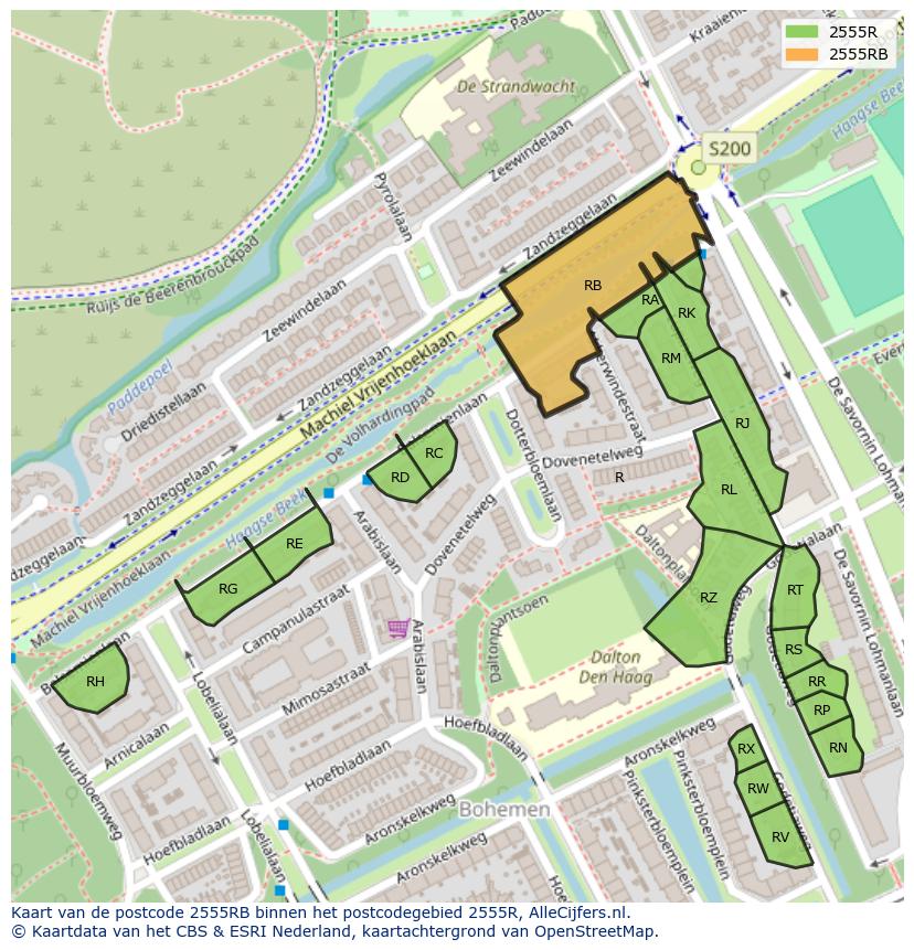 Afbeelding van het postcodegebied 2555 RB op de kaart.