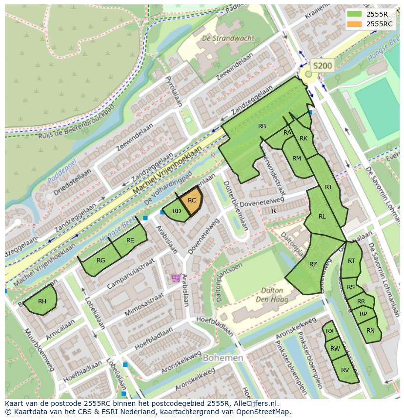 Afbeelding van het postcodegebied 2555 RC op de kaart.
