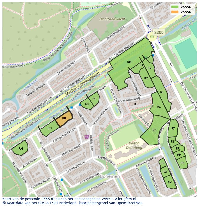 Afbeelding van het postcodegebied 2555 RE op de kaart.