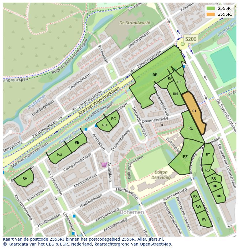 Afbeelding van het postcodegebied 2555 RJ op de kaart.