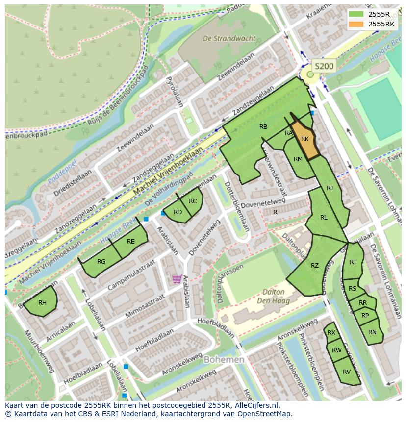 Afbeelding van het postcodegebied 2555 RK op de kaart.