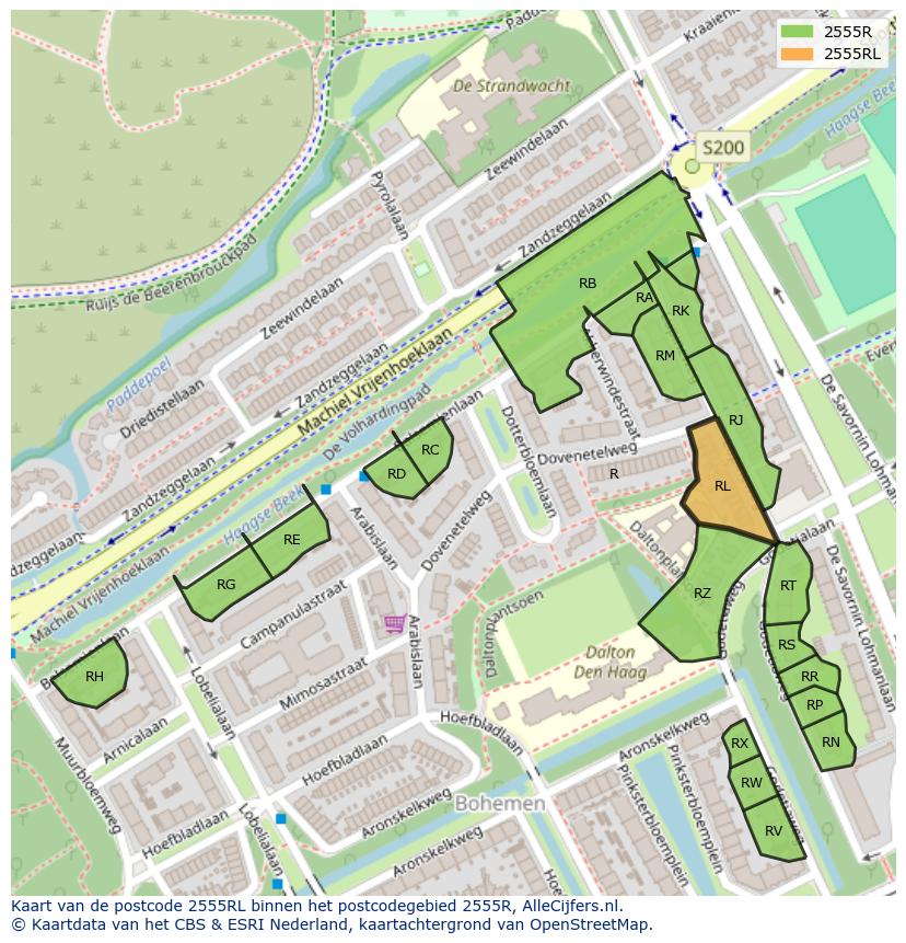 Afbeelding van het postcodegebied 2555 RL op de kaart.