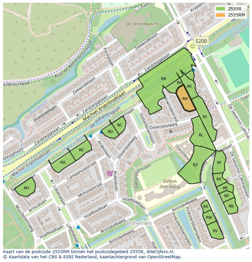 Afbeelding van het postcodegebied 2555 RM op de kaart.