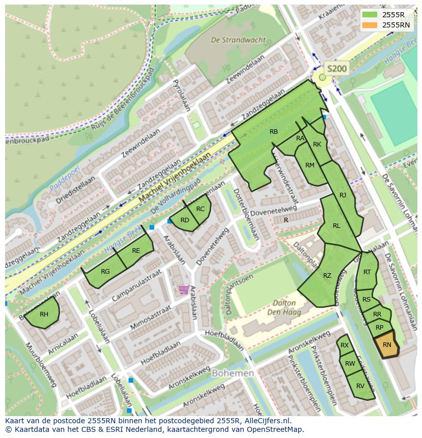 Afbeelding van het postcodegebied 2555 RN op de kaart.