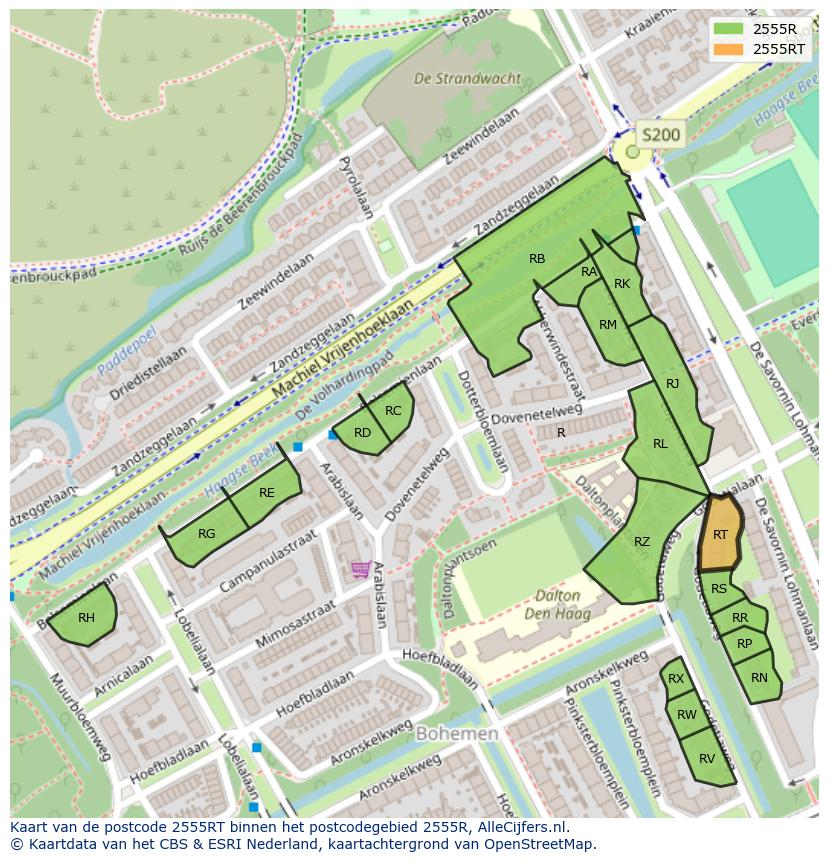 Afbeelding van het postcodegebied 2555 RT op de kaart.