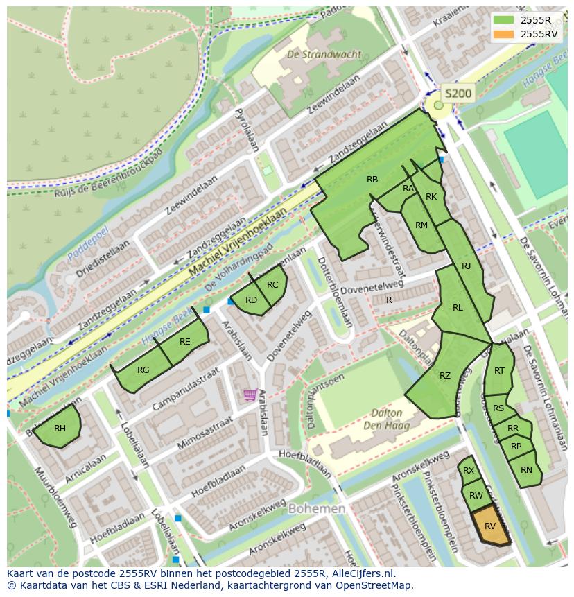 Afbeelding van het postcodegebied 2555 RV op de kaart.