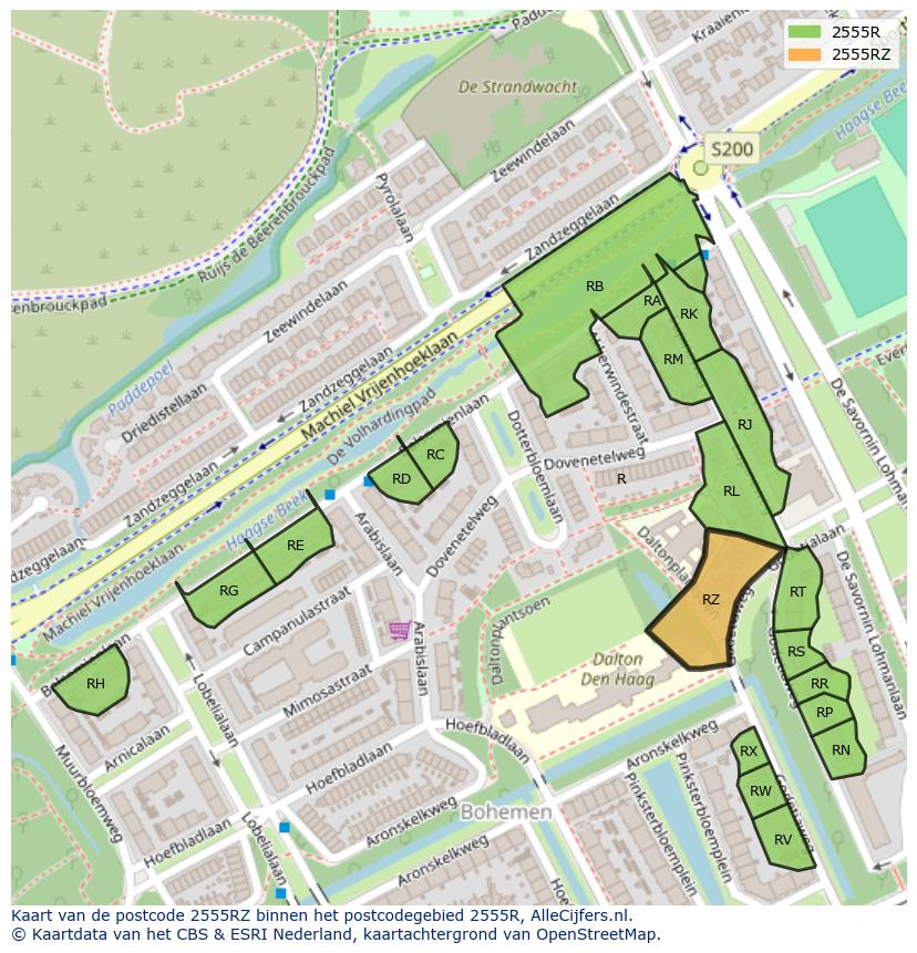Afbeelding van het postcodegebied 2555 RZ op de kaart.