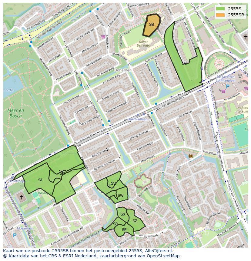 Afbeelding van het postcodegebied 2555 SB op de kaart.