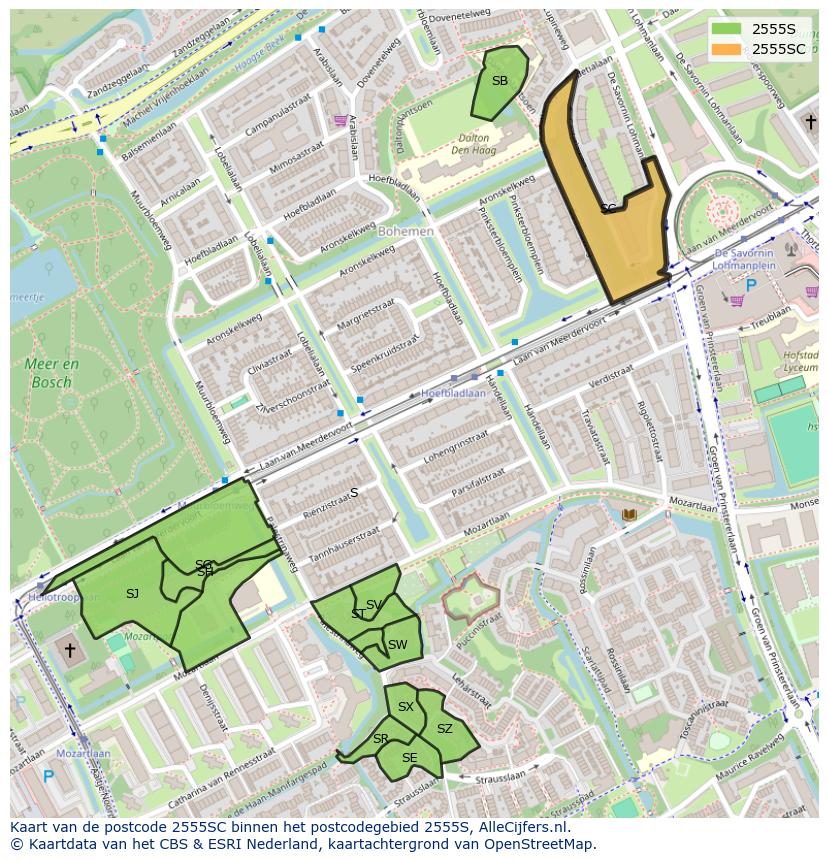Afbeelding van het postcodegebied 2555 SC op de kaart.