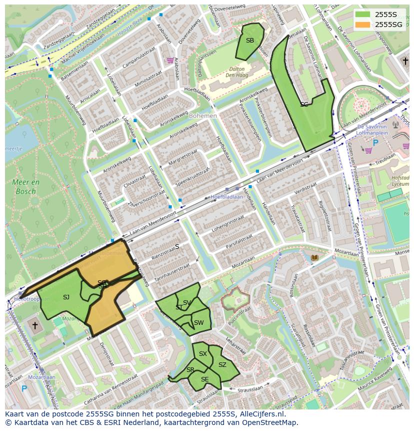 Afbeelding van het postcodegebied 2555 SG op de kaart.