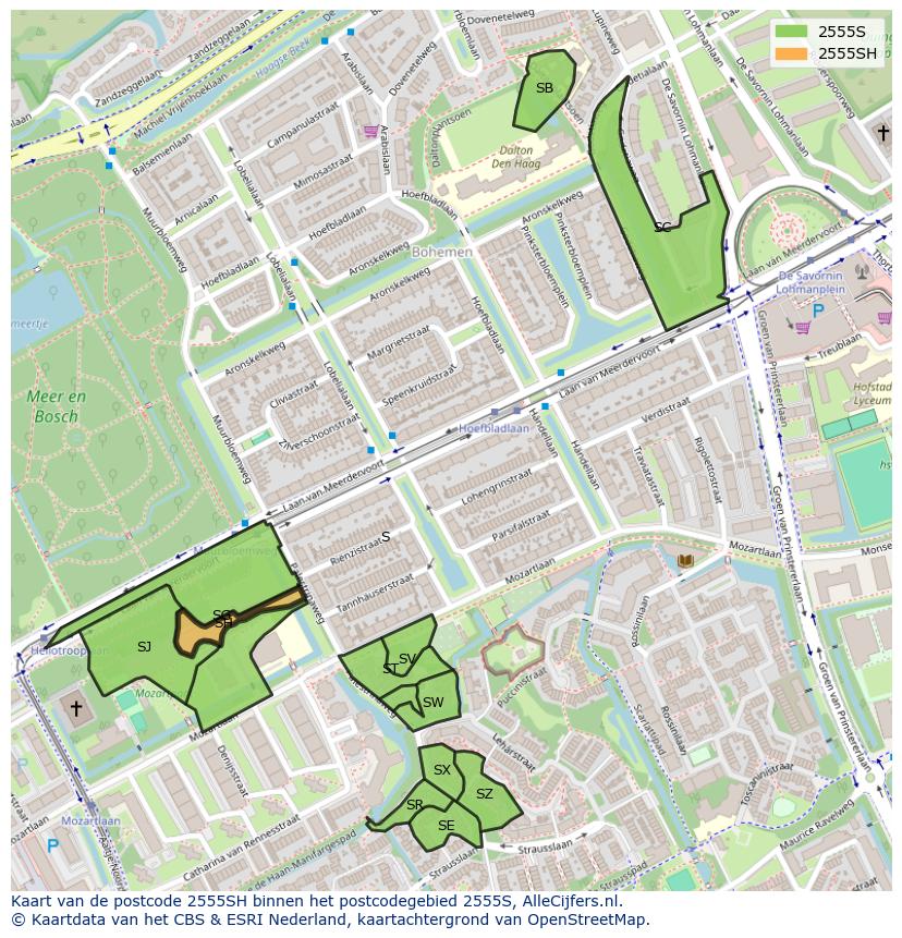 Afbeelding van het postcodegebied 2555 SH op de kaart.
