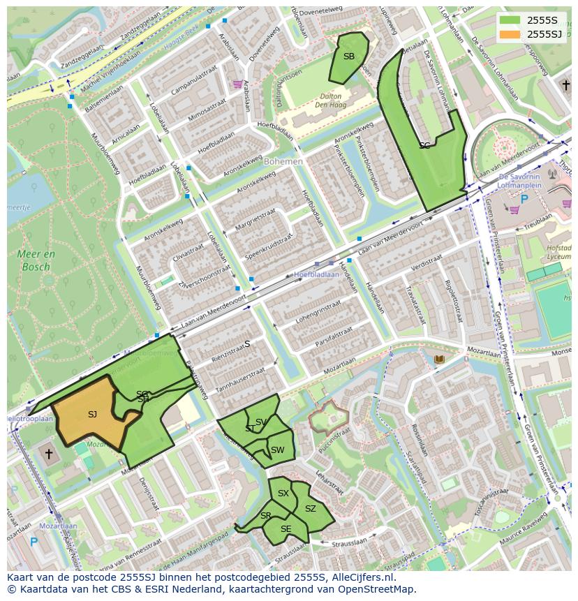 Afbeelding van het postcodegebied 2555 SJ op de kaart.