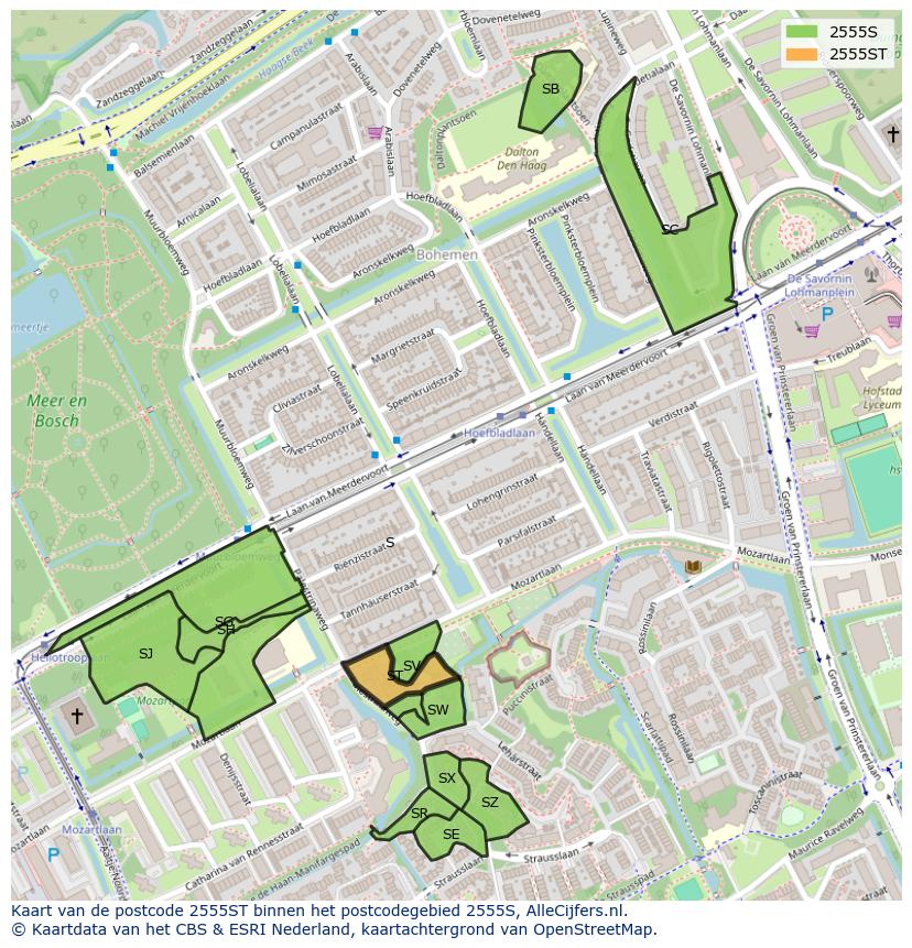 Afbeelding van het postcodegebied 2555 ST op de kaart.