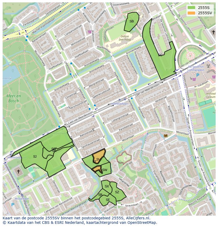 Afbeelding van het postcodegebied 2555 SV op de kaart.