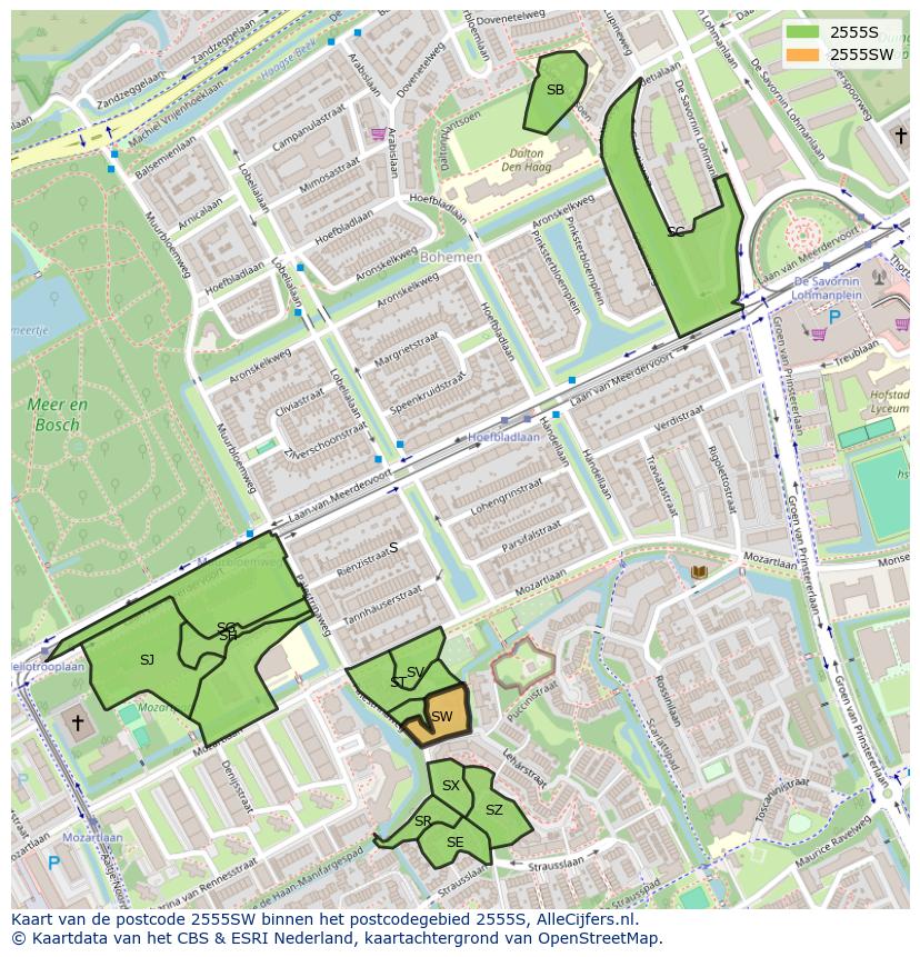 Afbeelding van het postcodegebied 2555 SW op de kaart.