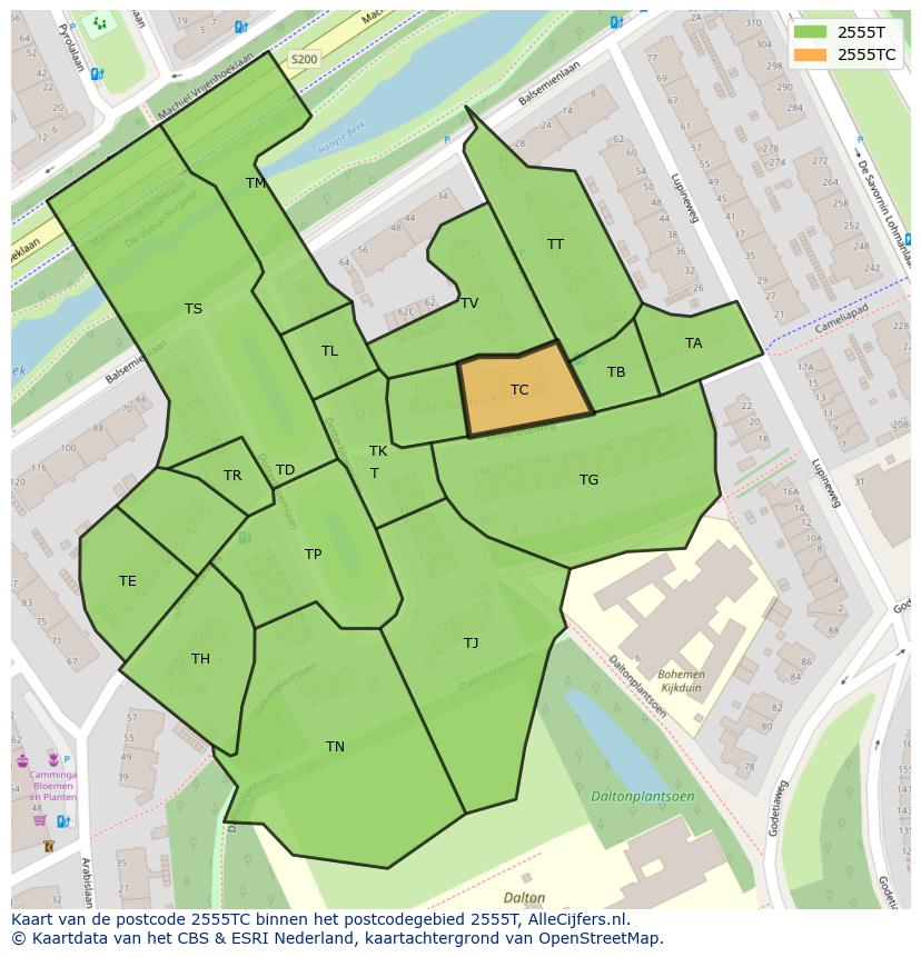 Afbeelding van het postcodegebied 2555 TC op de kaart.