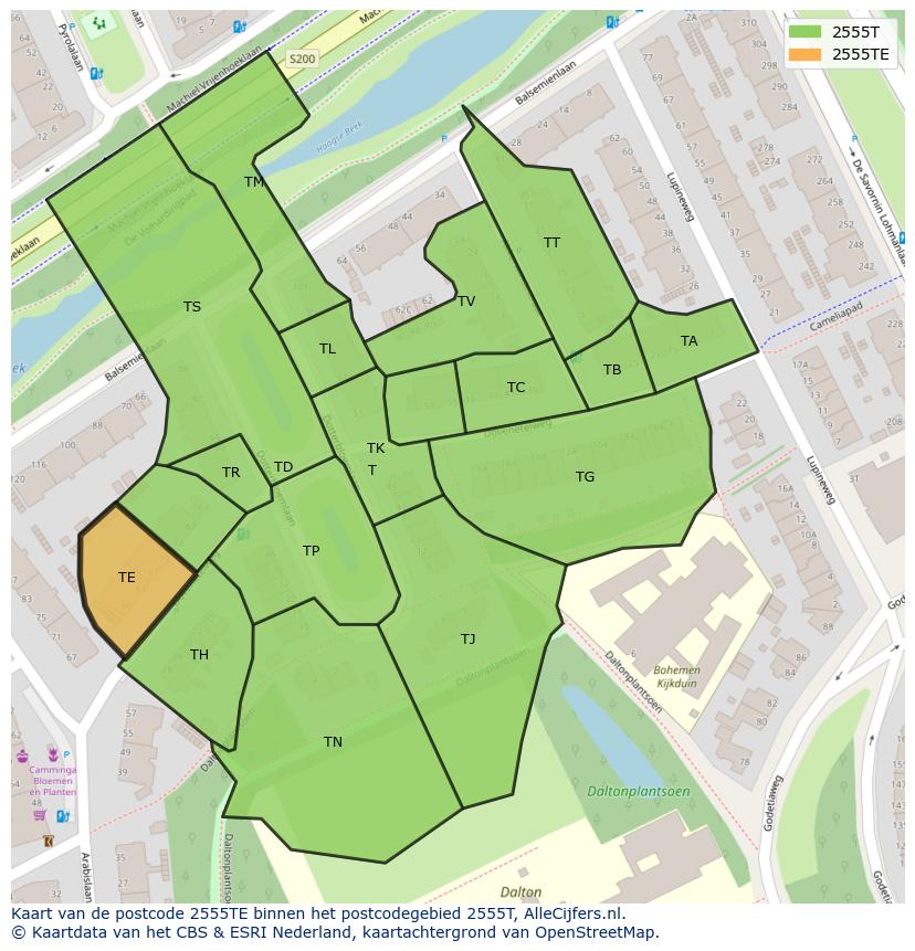 Afbeelding van het postcodegebied 2555 TE op de kaart.