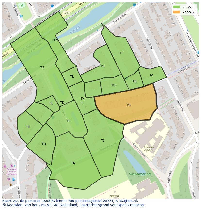 Afbeelding van het postcodegebied 2555 TG op de kaart.