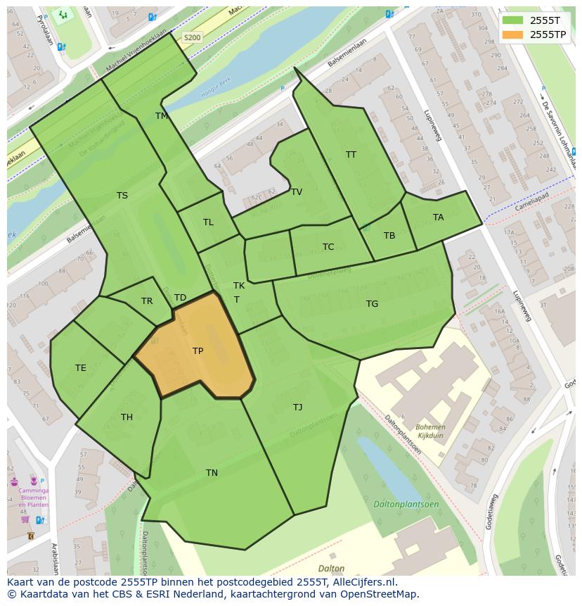 Afbeelding van het postcodegebied 2555 TP op de kaart.