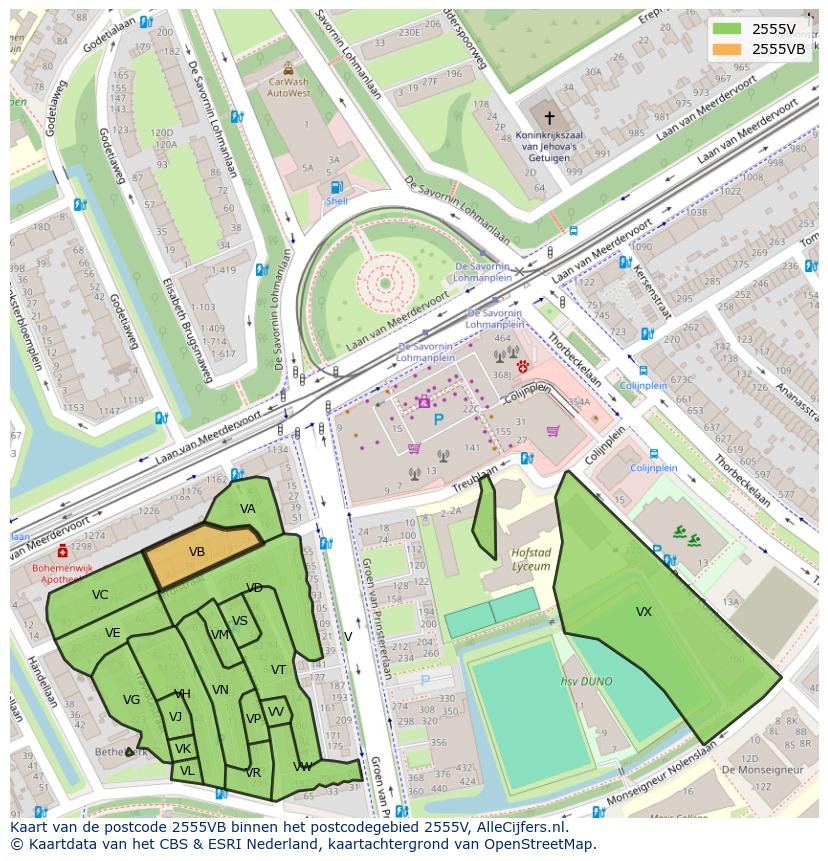 Afbeelding van het postcodegebied 2555 VB op de kaart.