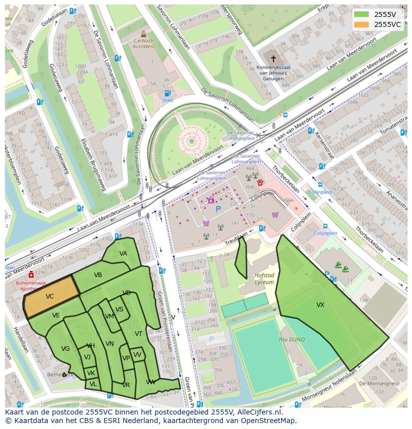 Afbeelding van het postcodegebied 2555 VC op de kaart.