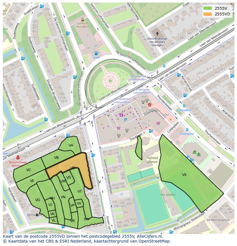 Afbeelding van het postcodegebied 2555 VD op de kaart.