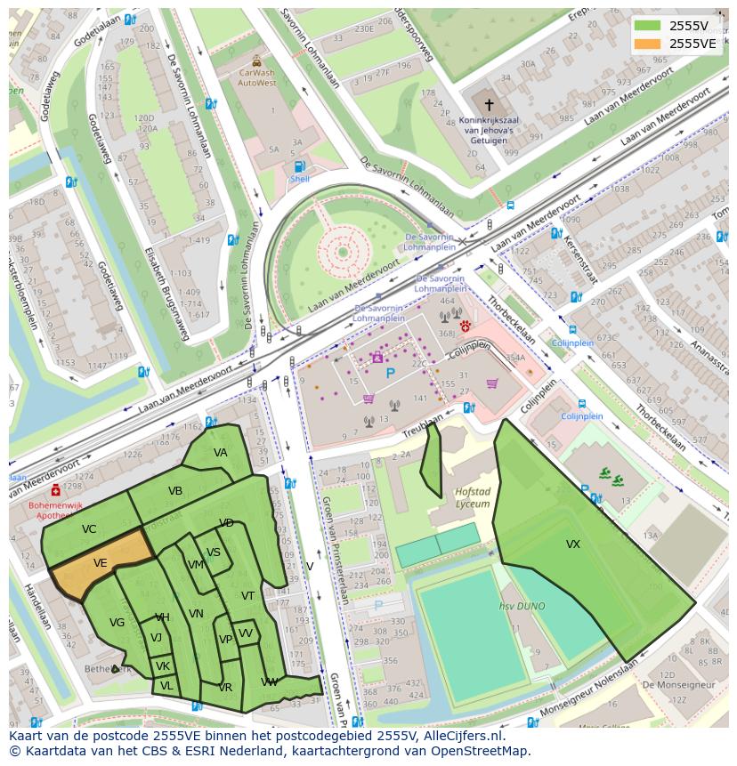 Afbeelding van het postcodegebied 2555 VE op de kaart.