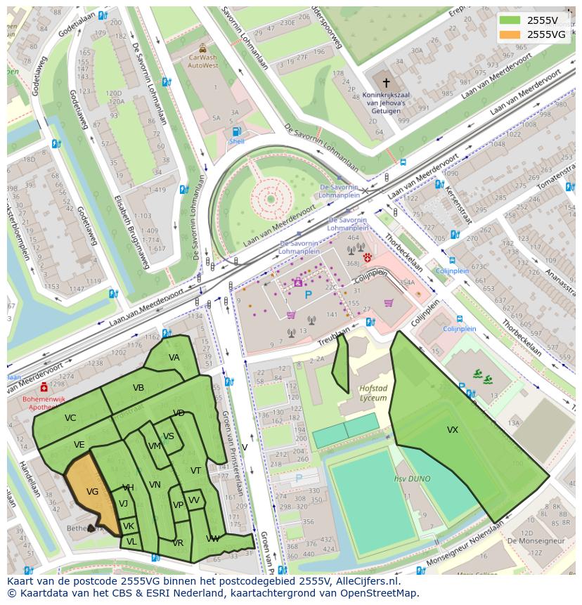 Afbeelding van het postcodegebied 2555 VG op de kaart.