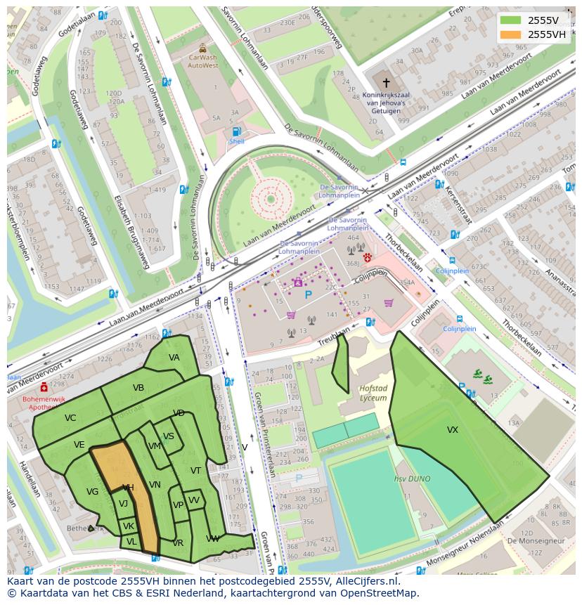 Afbeelding van het postcodegebied 2555 VH op de kaart.