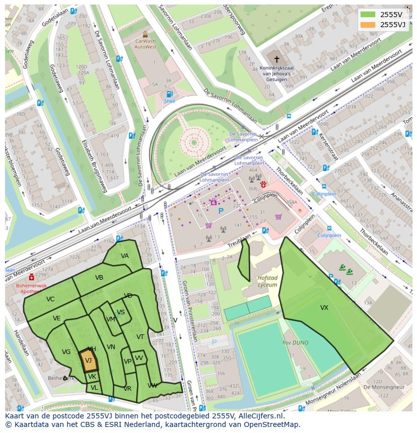 Afbeelding van het postcodegebied 2555 VJ op de kaart.