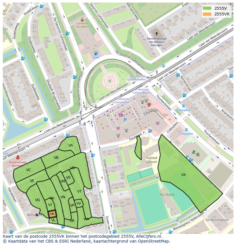 Afbeelding van het postcodegebied 2555 VK op de kaart.