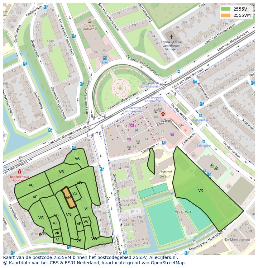 Afbeelding van het postcodegebied 2555 VM op de kaart.