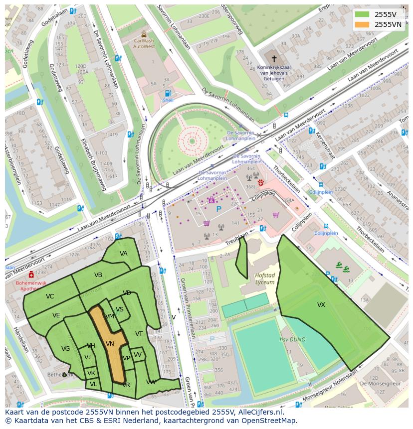 Afbeelding van het postcodegebied 2555 VN op de kaart.
